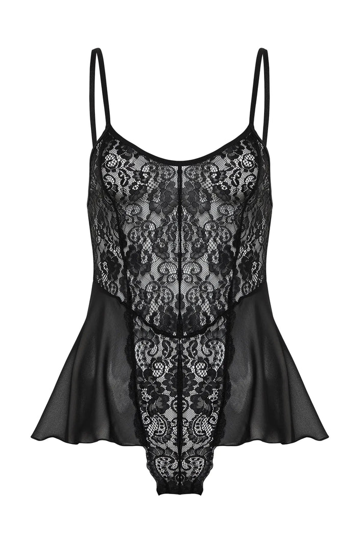 Black Lace Leg Band Rope Suspender Snap Knit Bodysuit - Lebbse
