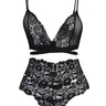 Black Lace Rope Strap Tie Detailed Non - wired Non - Covered Knitted Underwear Set - Lebbse