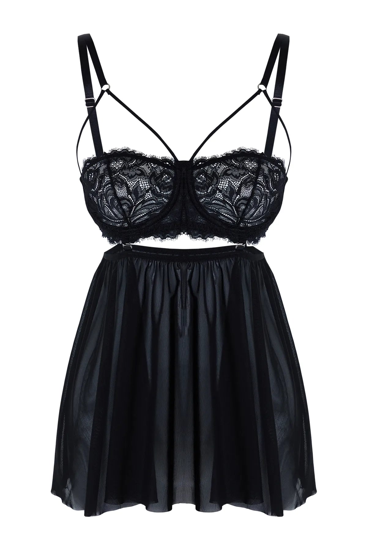 Black Lace Skirt Detachable Rope Strap Knitted Babydoll - Lebbse