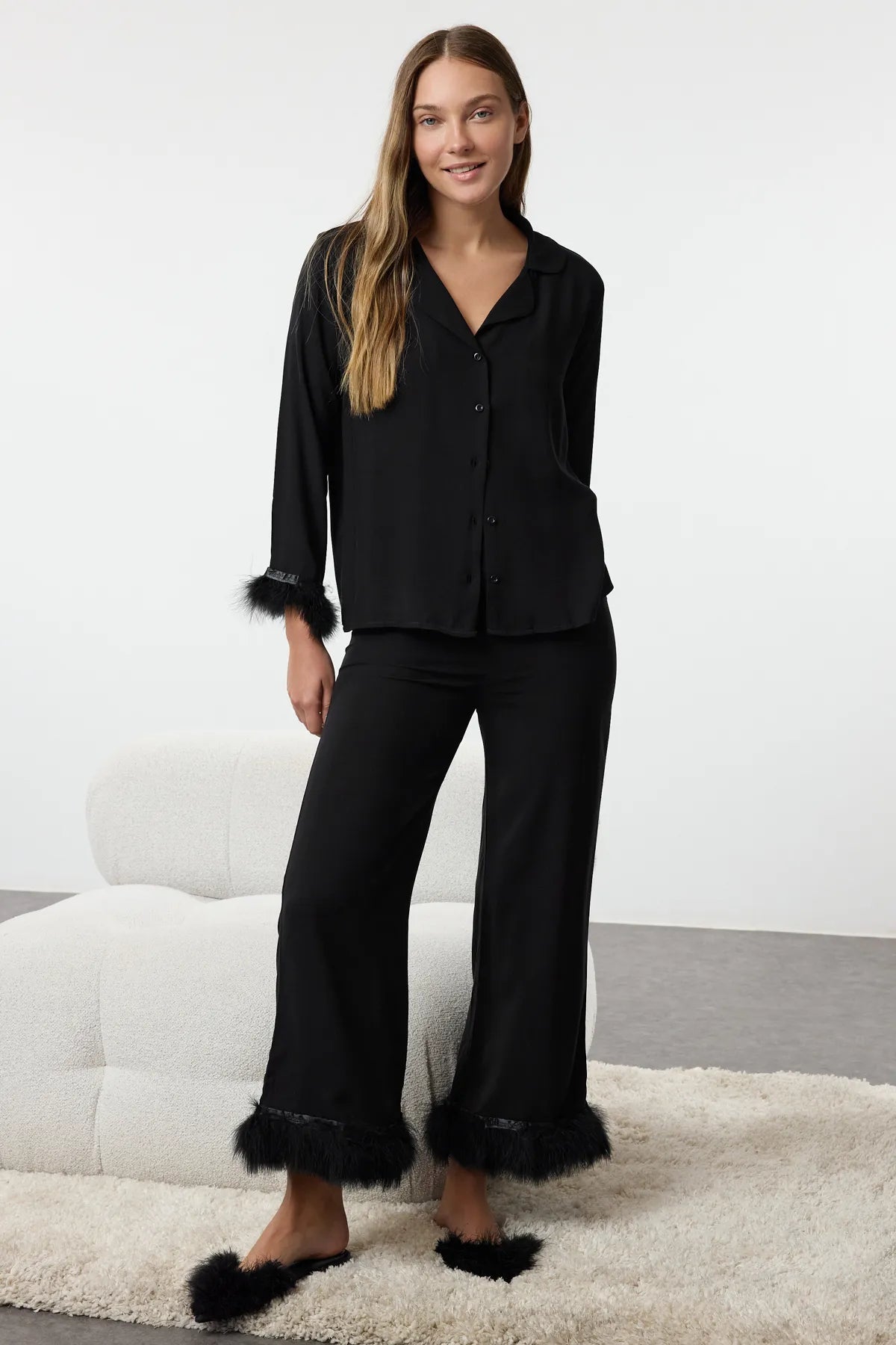 Black Otris Detailed Viscose Woven Pajama Set - Lebbse