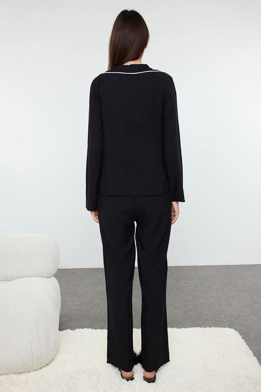 Black Ribbon Bow and Piping Detailed Viscose Woven Pajama Set - Lebbse