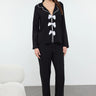 Black Ribbon Bow and Piping Detailed Viscose Woven Pajama Set - Lebbse