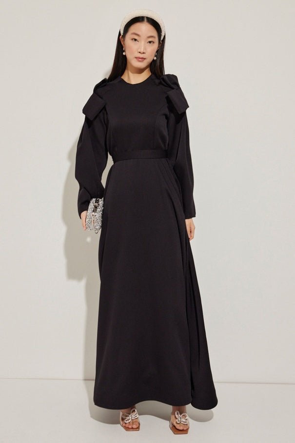 Black Shine Dress with Bow Tie on Sleeve - Lebbse