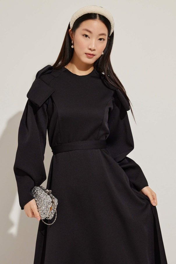 Black Shine Dress with Bow Tie on Sleeve - Lebbse