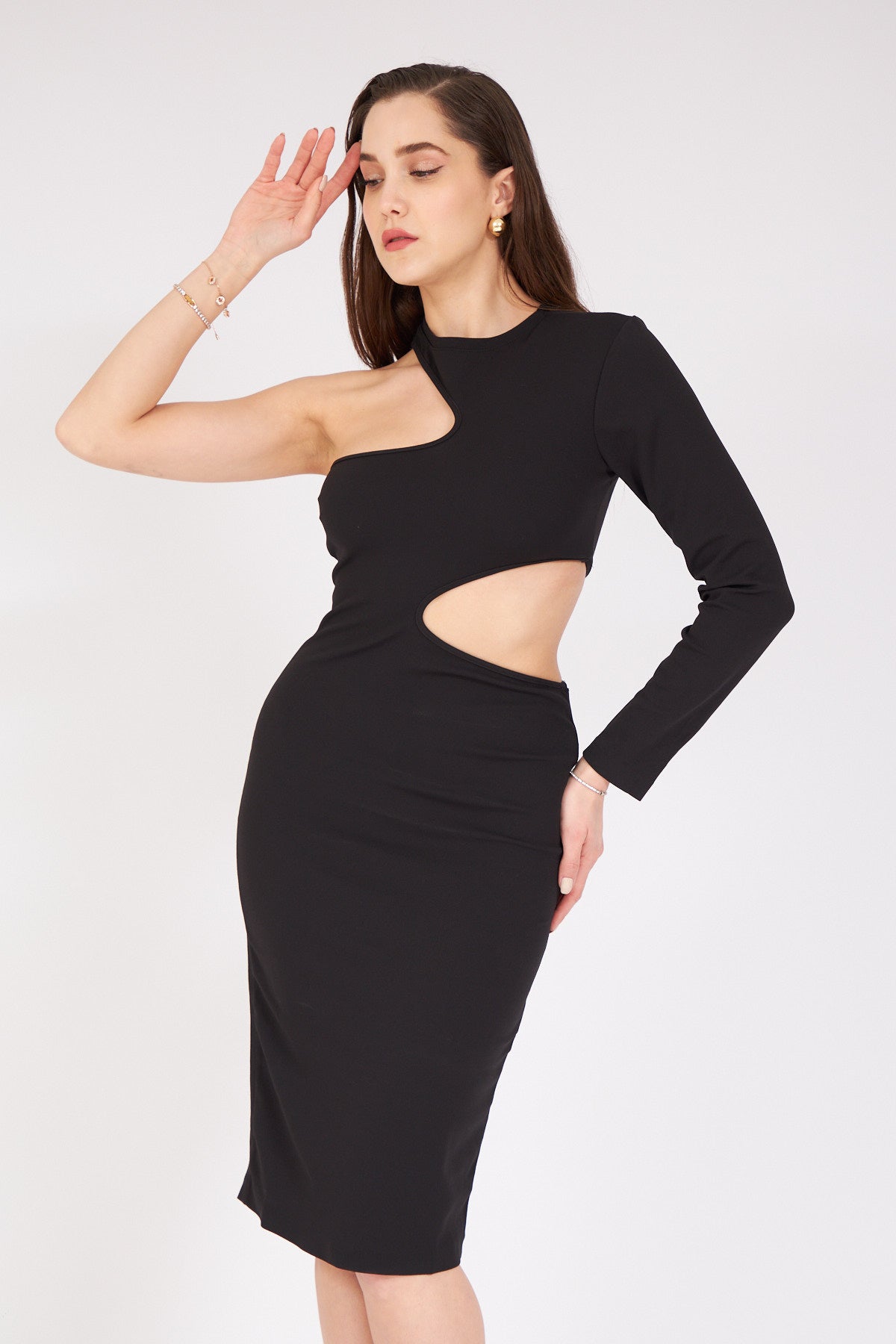 Black Shoulder And Waist Low-cut Dress - Lebbse