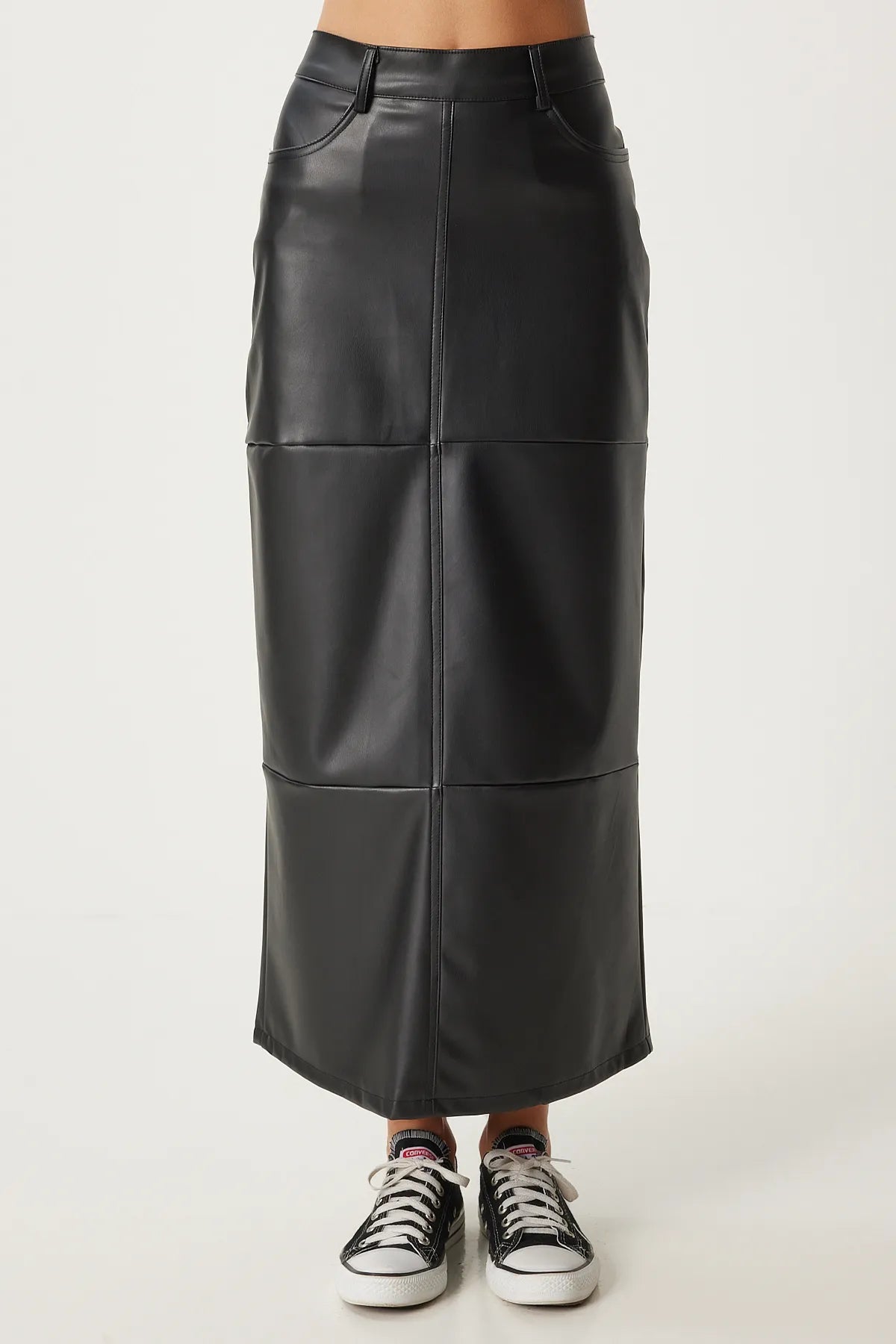 Black Slit Faux Leather Pencil Skirt - Lebbse