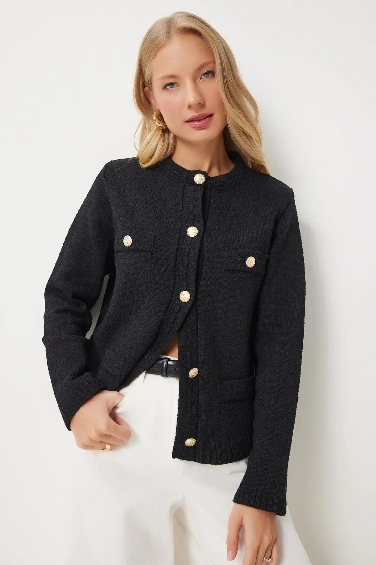 Black Stylish Buttoned Textured Knit Cardigan - Lebbse