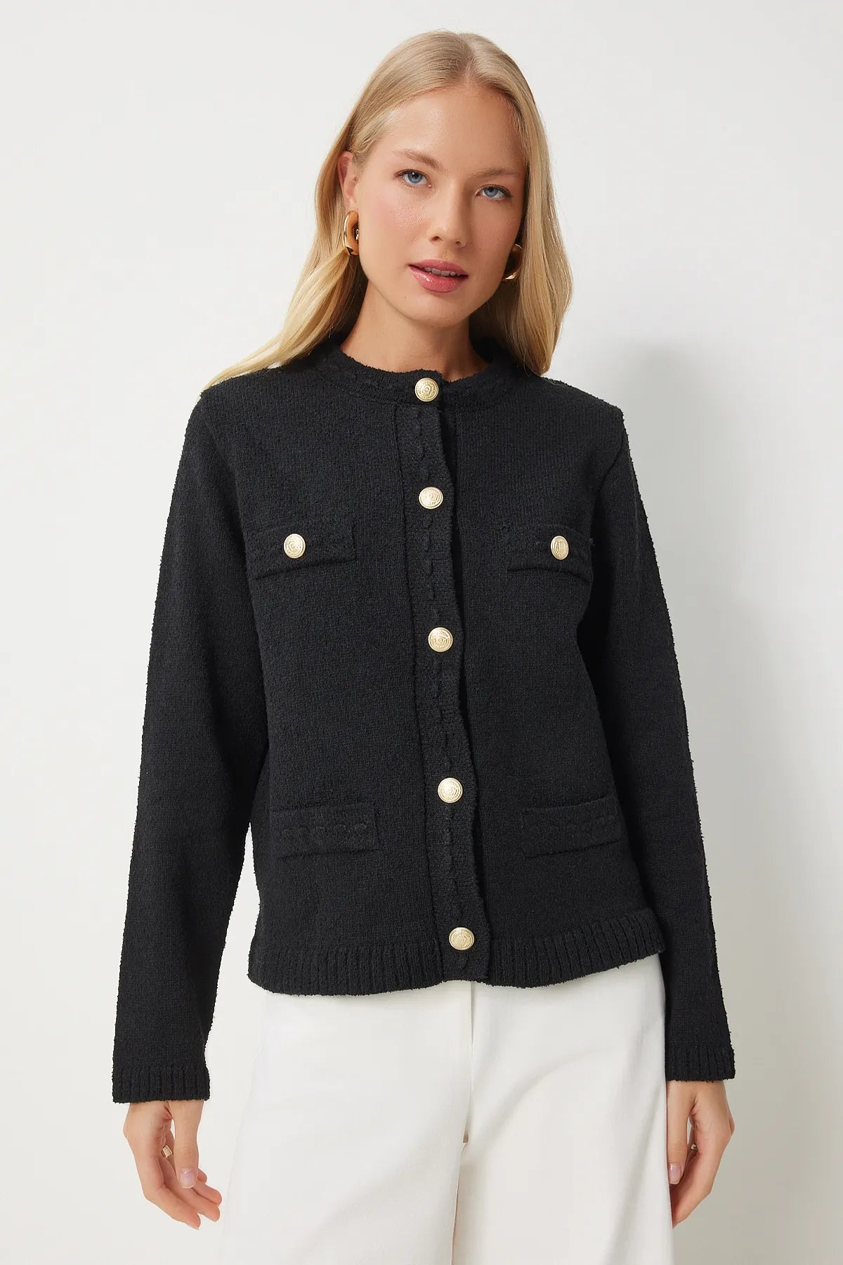 Black Stylish Buttoned Textured Knit Cardigan - Lebbse