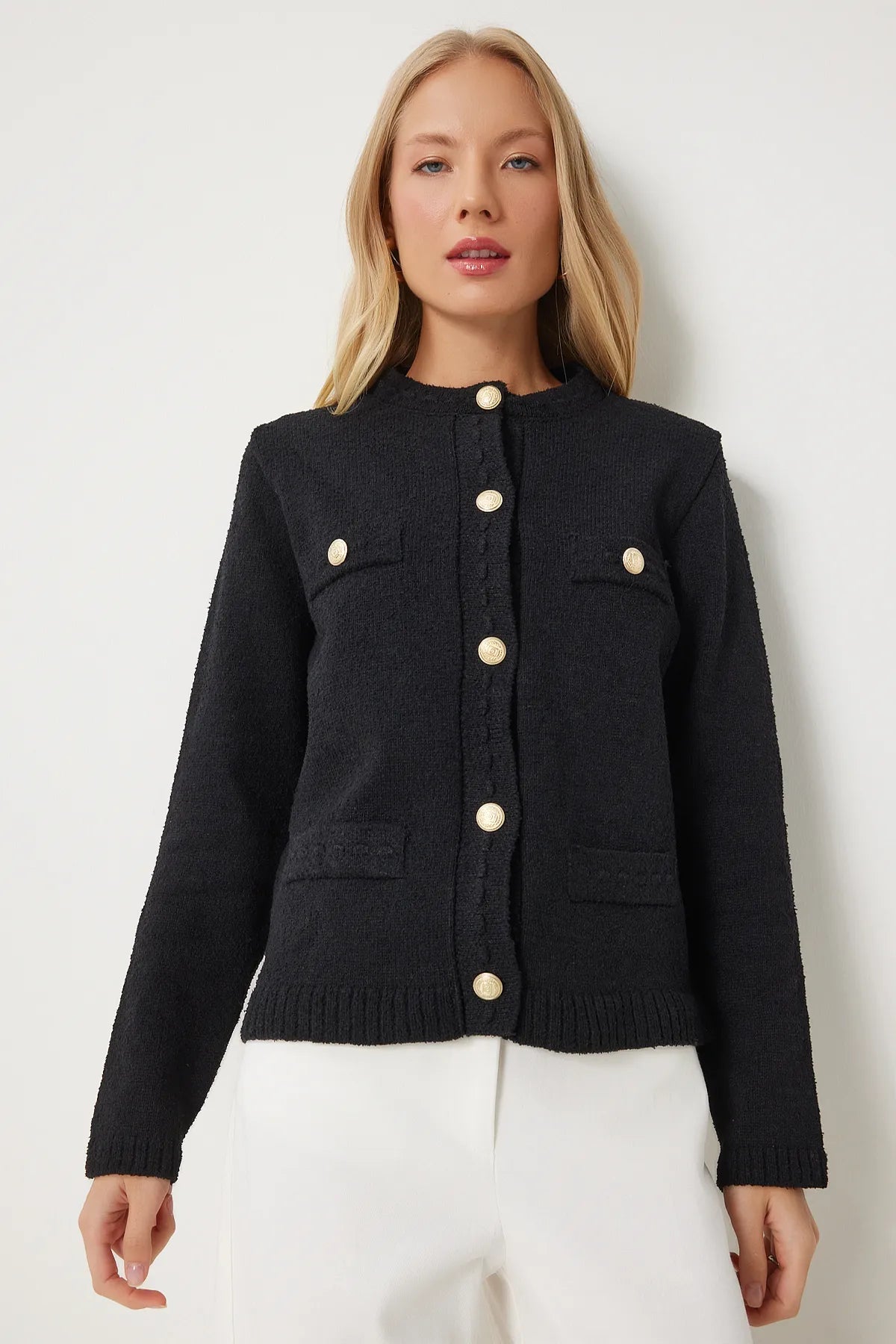 Black Stylish Buttoned Textured Knit Cardigan - Lebbse