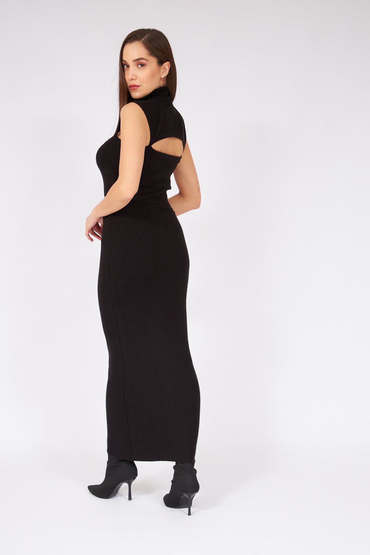 Black Window Collar Long Dress - Lebbse