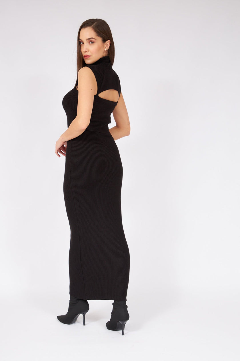 Black Window Collar Long Dress - Lebbse