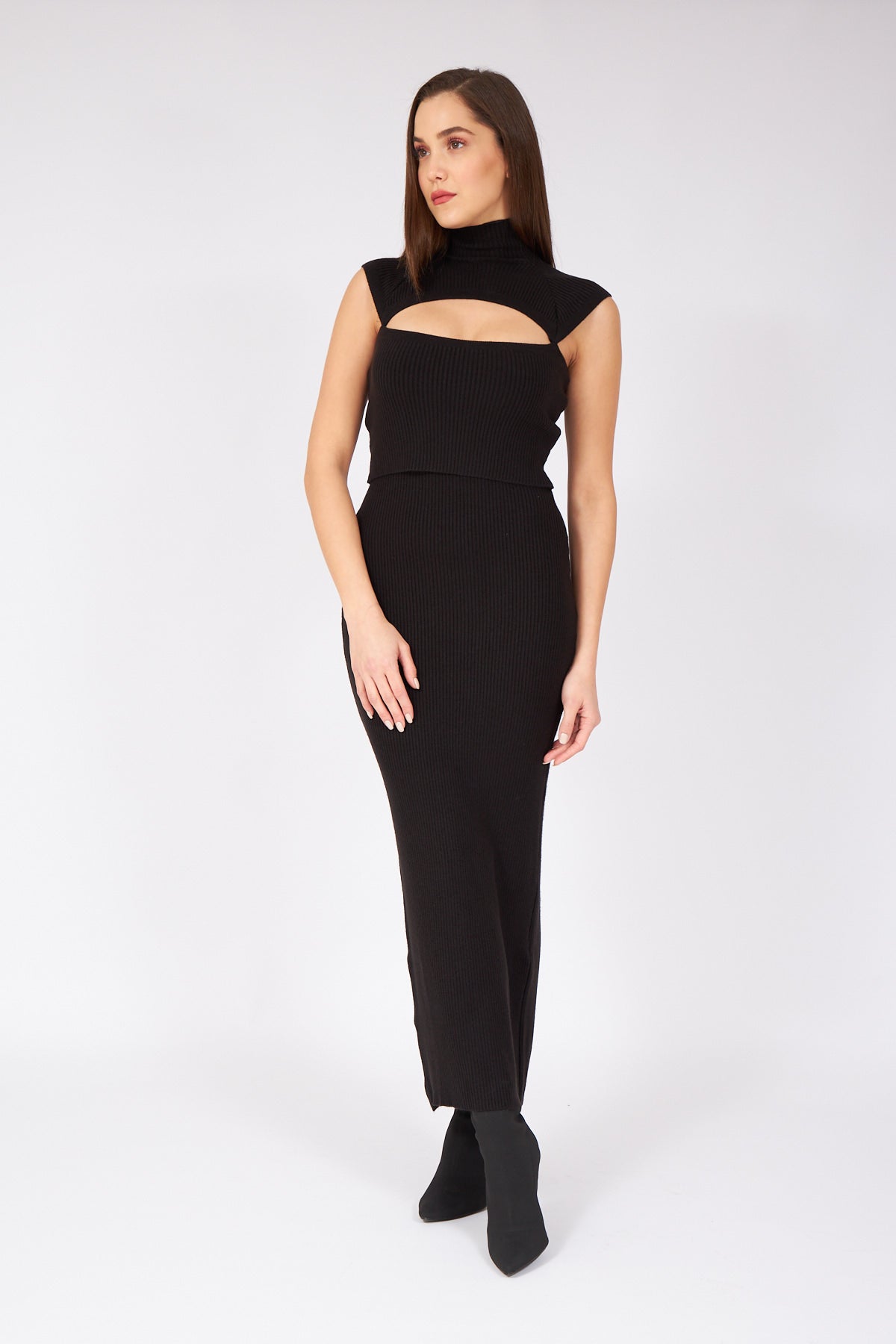 Black Window Collar Long Dress - Lebbse