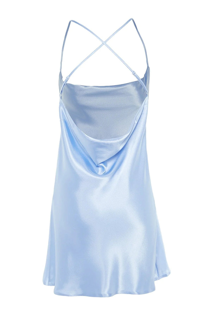 Blue Back Detailed Satin Woven Nightgown - Lebbse