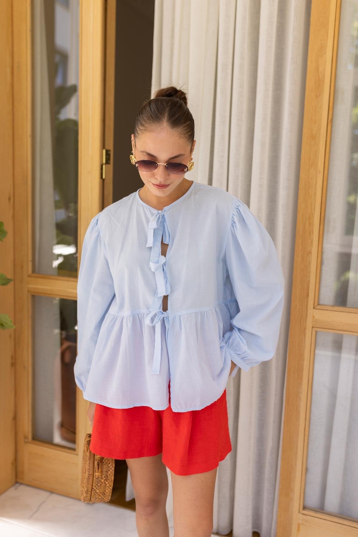 Blue Front Tie Voile Fabric Blouse | Blouse | CLOTHES | Lebbse Blue Front Tie Voile Fabric Blouse | Blouse | CLOTHES | Lebbse
