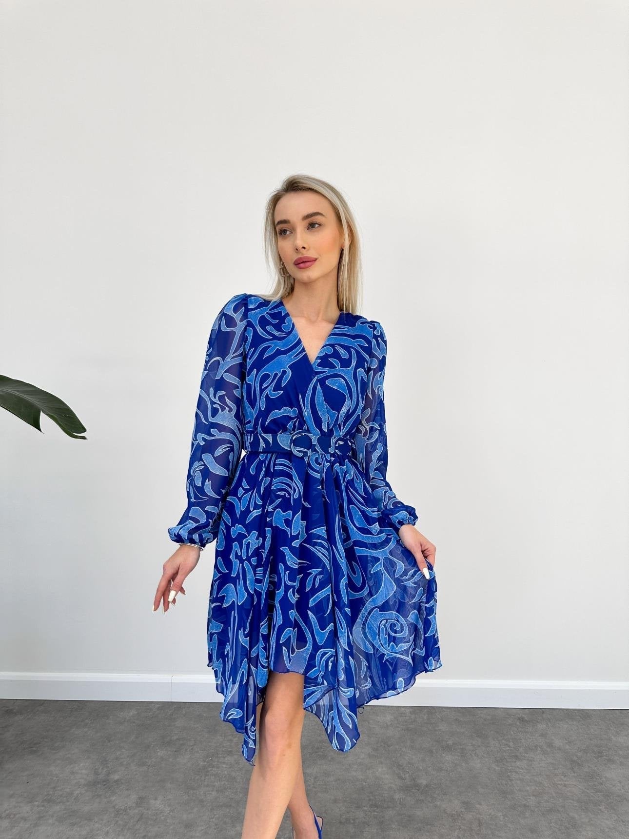 BLUE PATTERNED FLASHED CHIFFON DRESS - Lebbse