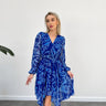 فساتين باكمام طويلة شيفون منقوش باللون الأزرق - BLUE PATTERNED FLASHED CHIFFON DRESS