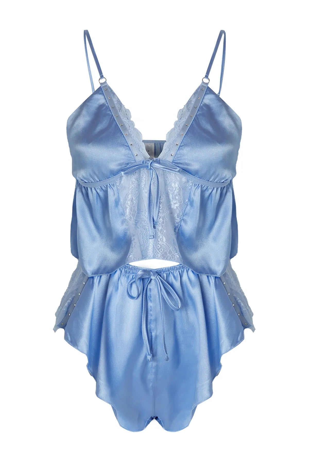 Blue Satin Stone, Ribbon/Bow Detailed Uncovered Underwear Set | Home Wear | Lingerie Blue Satin Stone, Ribbon/Bow Detailed Uncovered Underwear Set | Home Wear | Lingerie