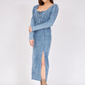 فستان هدب طويل أزرق بأكمام طويلة من الدنيم - BLUE SLEEVE LONG SLEEVE DENIM DRESS