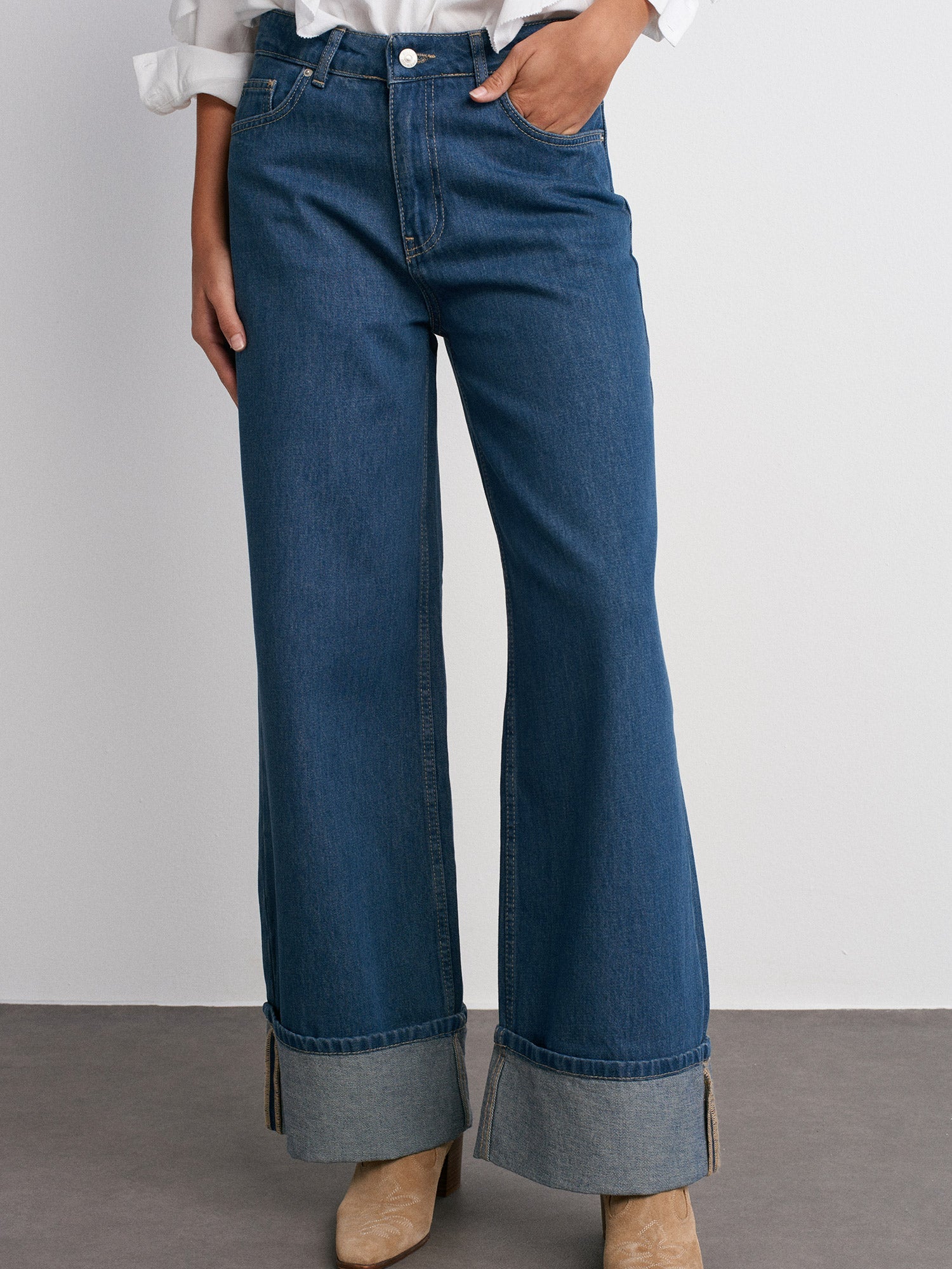 Blue Wide Cut Denim Trousers with Turned Legs - Lebbse