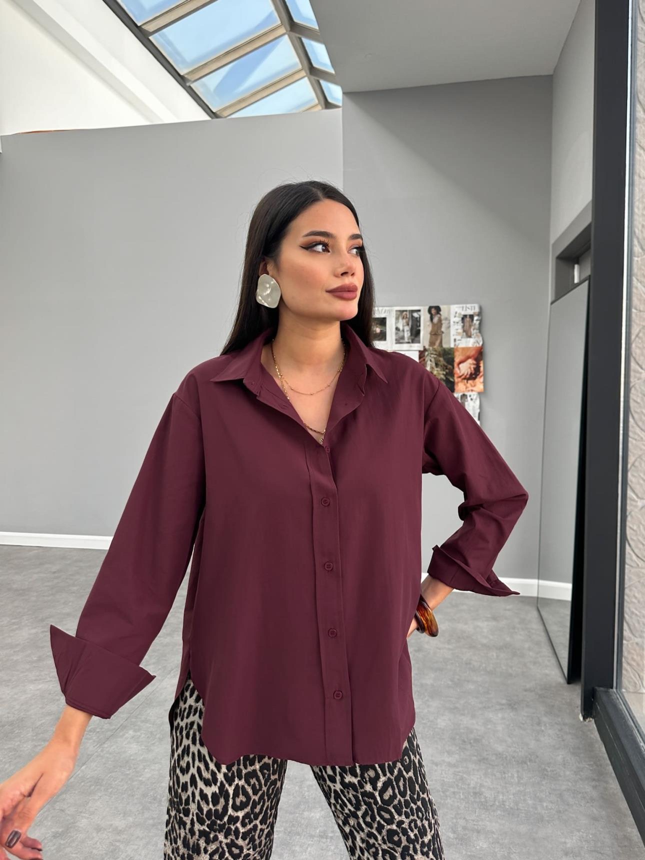 2- قميص نسائي خمري بيسك طويل - Bordo Oval Cut Shirt