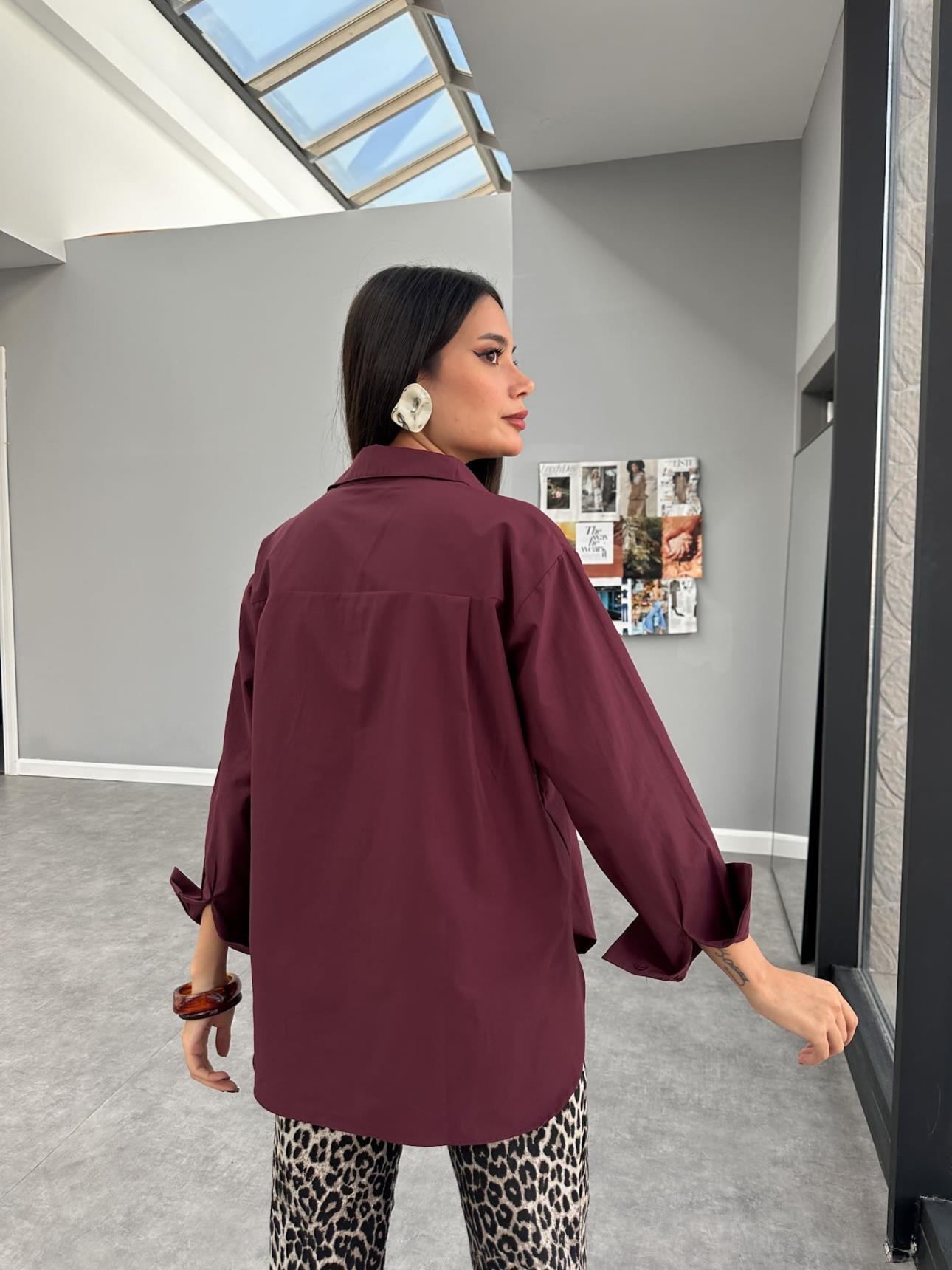 4- قميص نسائي خمري بيسك طويل - Bordo Oval Cut Shirt