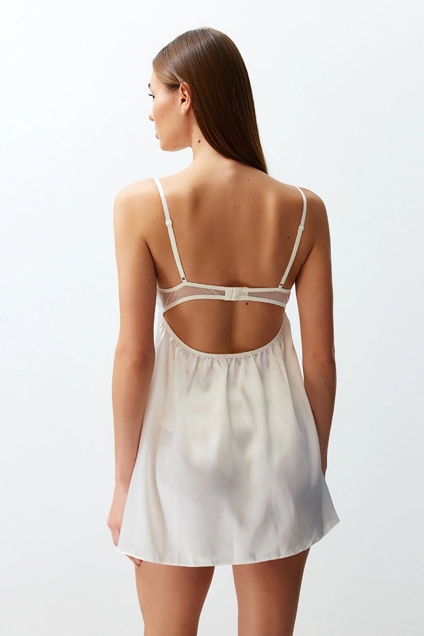 Bridal White Satin Lace Detailed Fantasy Nightgown - Lebbse