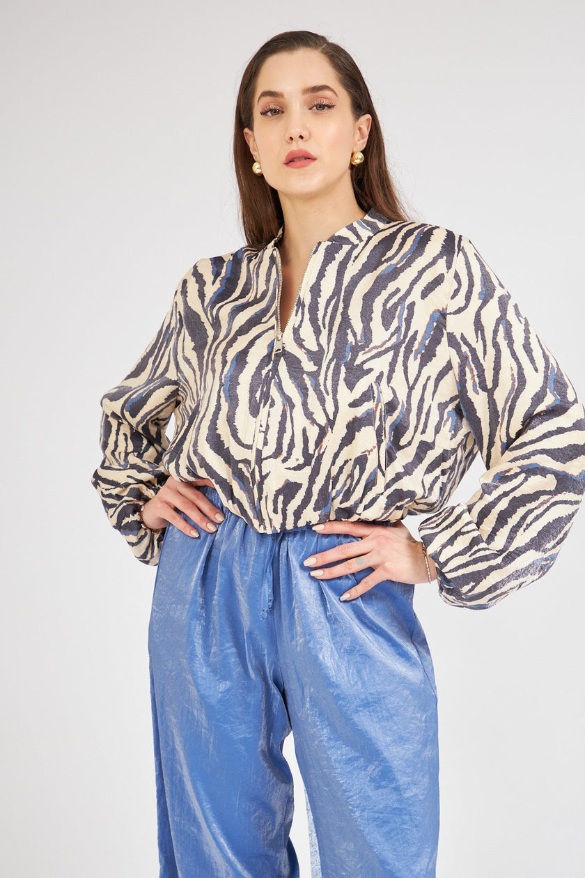 Bright Patterned Zipper Jacket Beige - Lebbse