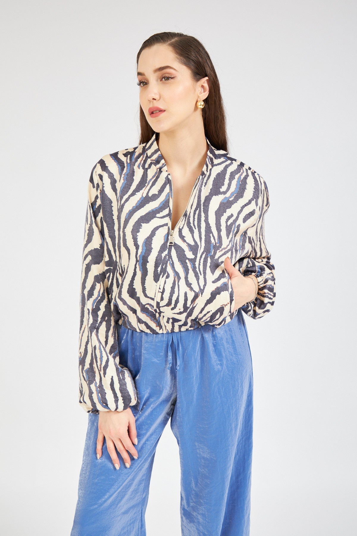 Bright Patterned Zipper Jacket Beige - Lebbse