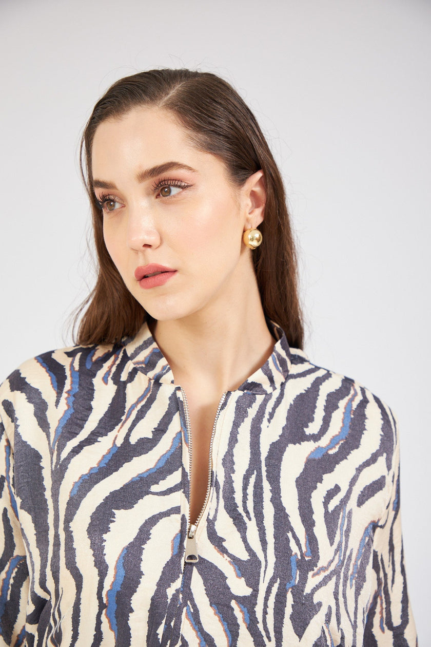 Bright Patterned Zipper Jacket Beige - Lebbse