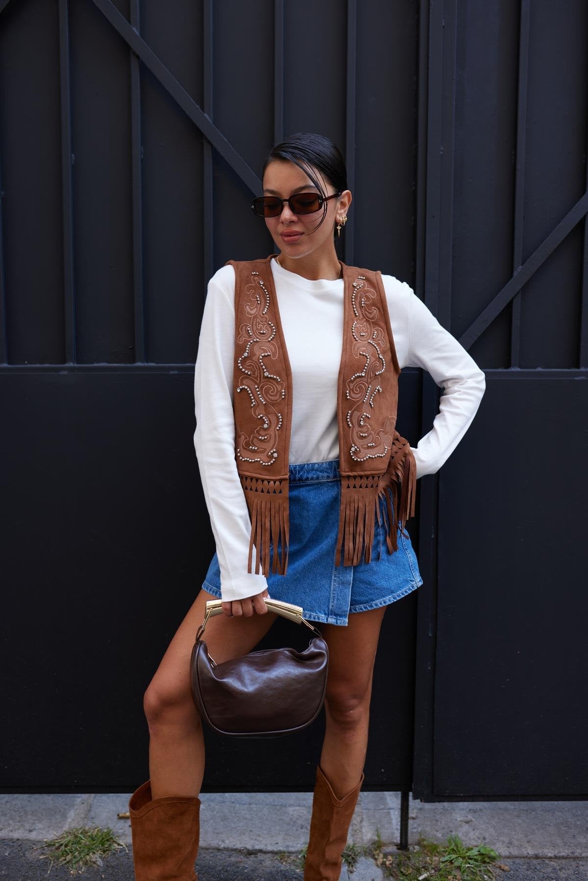 Brown Embroidered Stone Printed Tassel Detailed Suede Vest - Lebbse