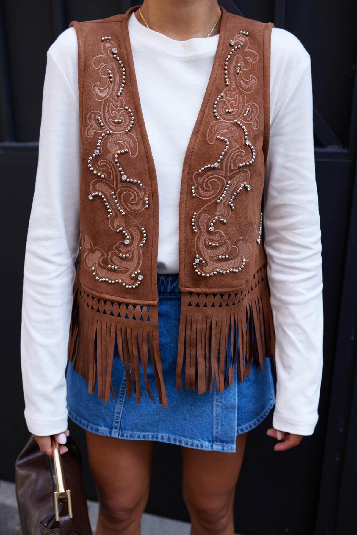 Brown Embroidered Stone Printed Tassel Detailed Suede Vest - Lebbse