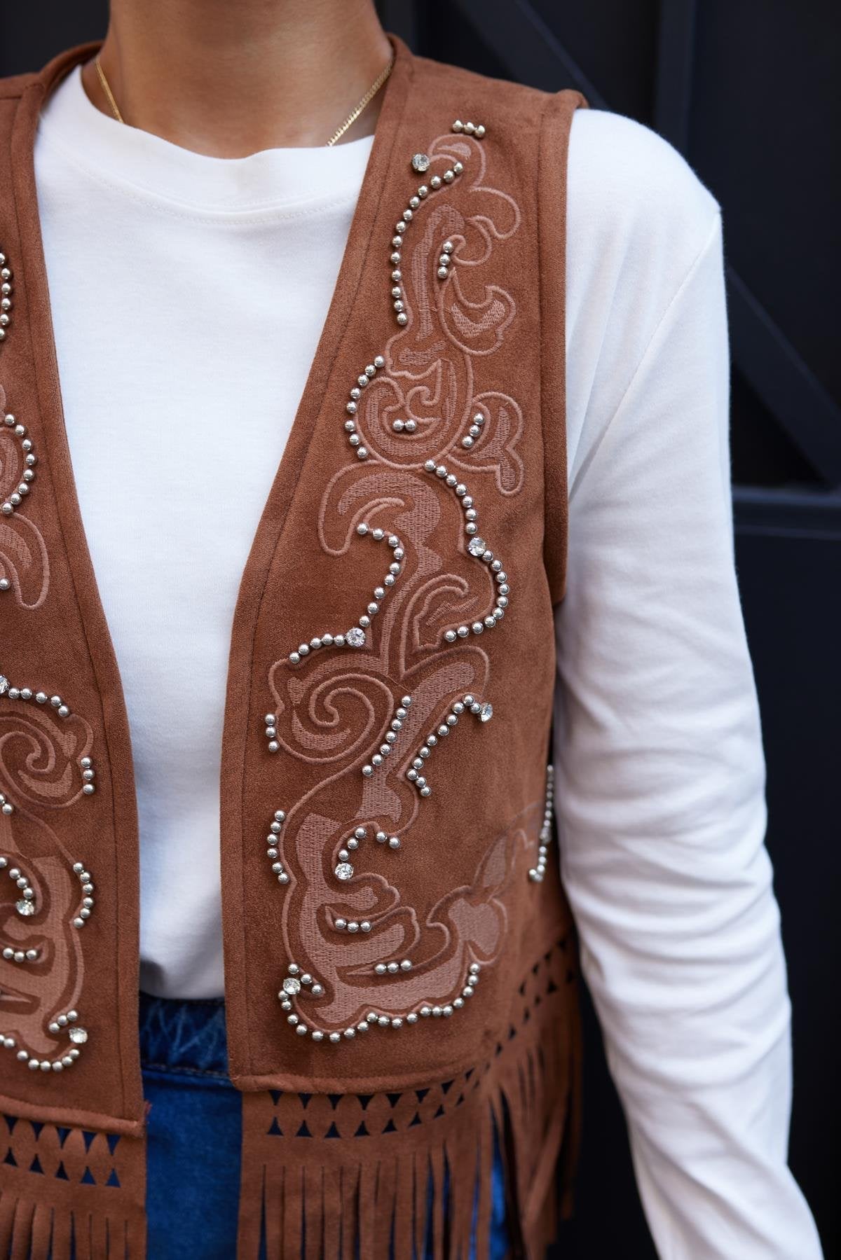 Brown Embroidered Stone Printed Tassel Detailed Suede Vest - Lebbse