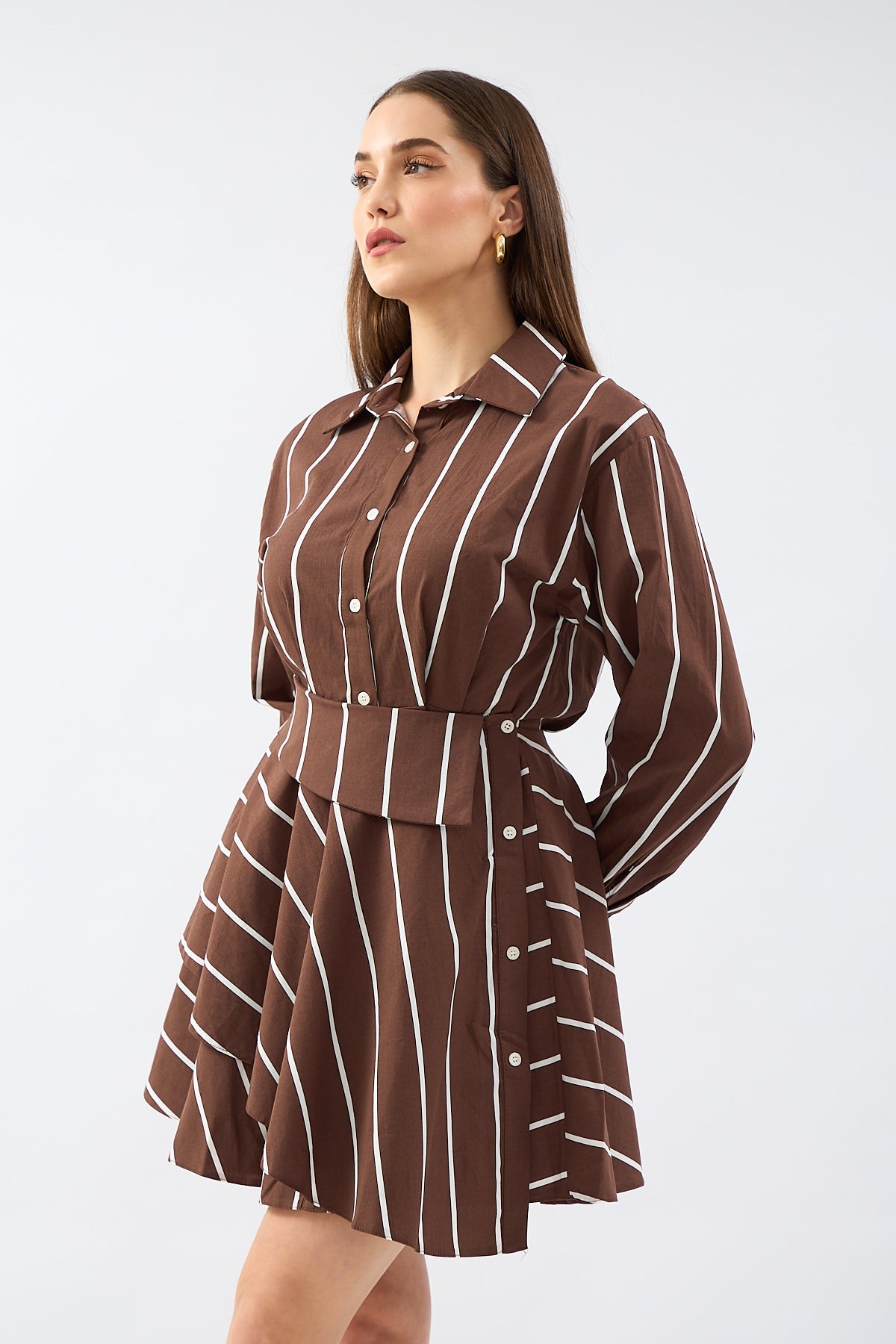 3- فستان بني محروق قميص بتصميم خاص - Brown Special Design Shirt Dress