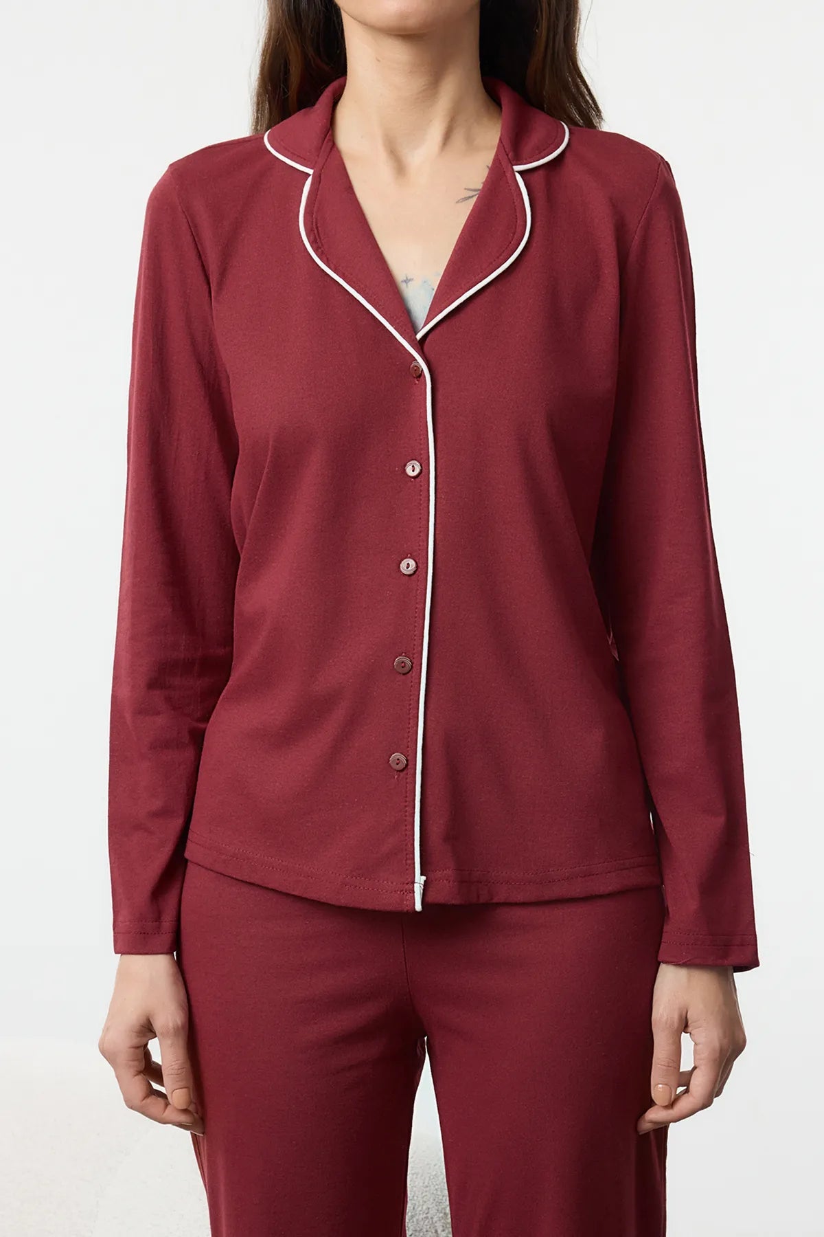 Burgundy Piping Detailed Knitted Pajama Set - Lebbse