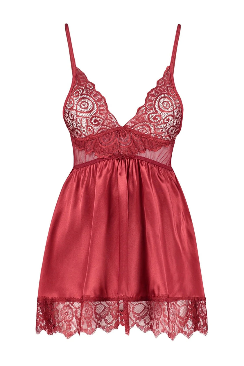 Burgundy Satin Lace Detailed Babydoll - Lebbse