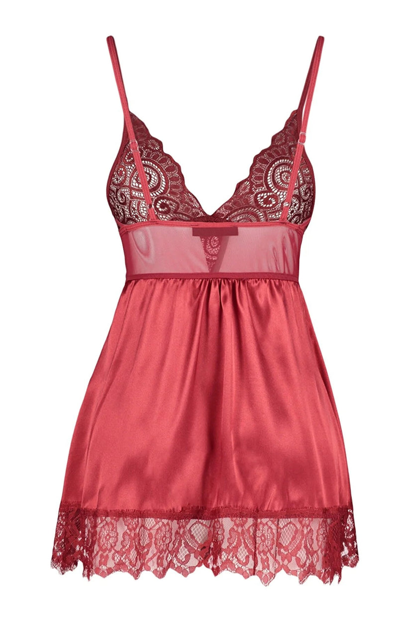 Burgundy Satin Lace Detailed Babydoll - Lebbse