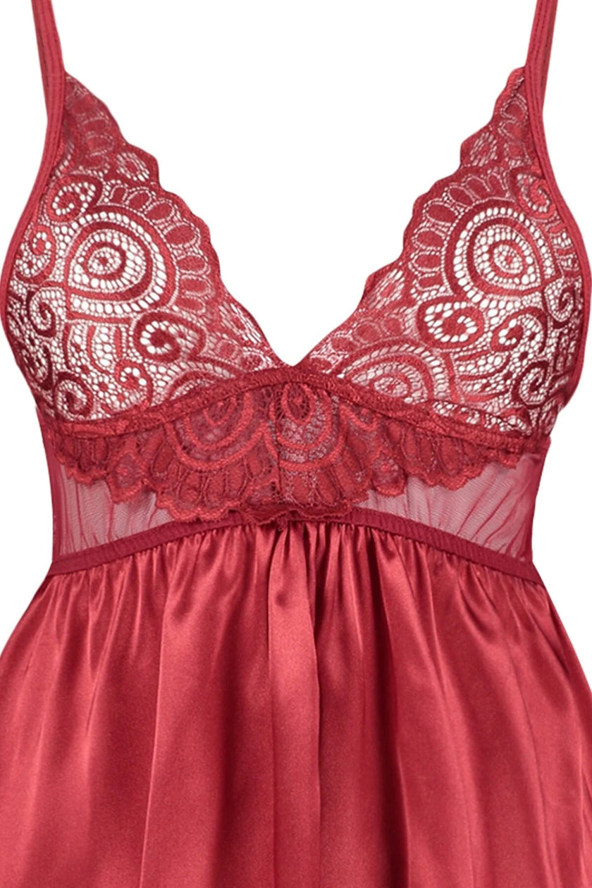 Burgundy Satin Lace Detailed Babydoll - Lebbse