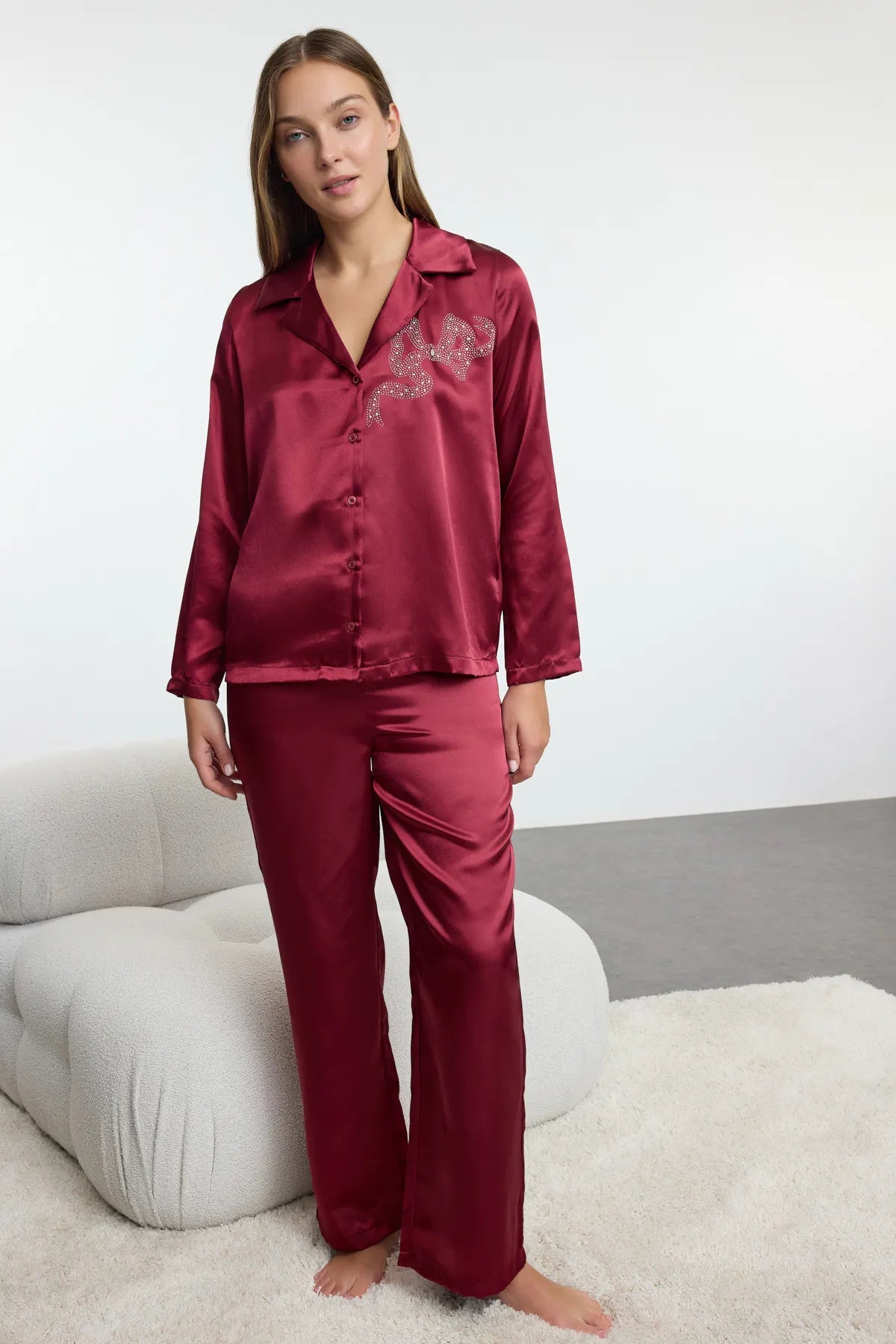 Burgundy Stone Ribbon/Bow Accessory Detailed Satin Woven Pajama Set - Lebbse