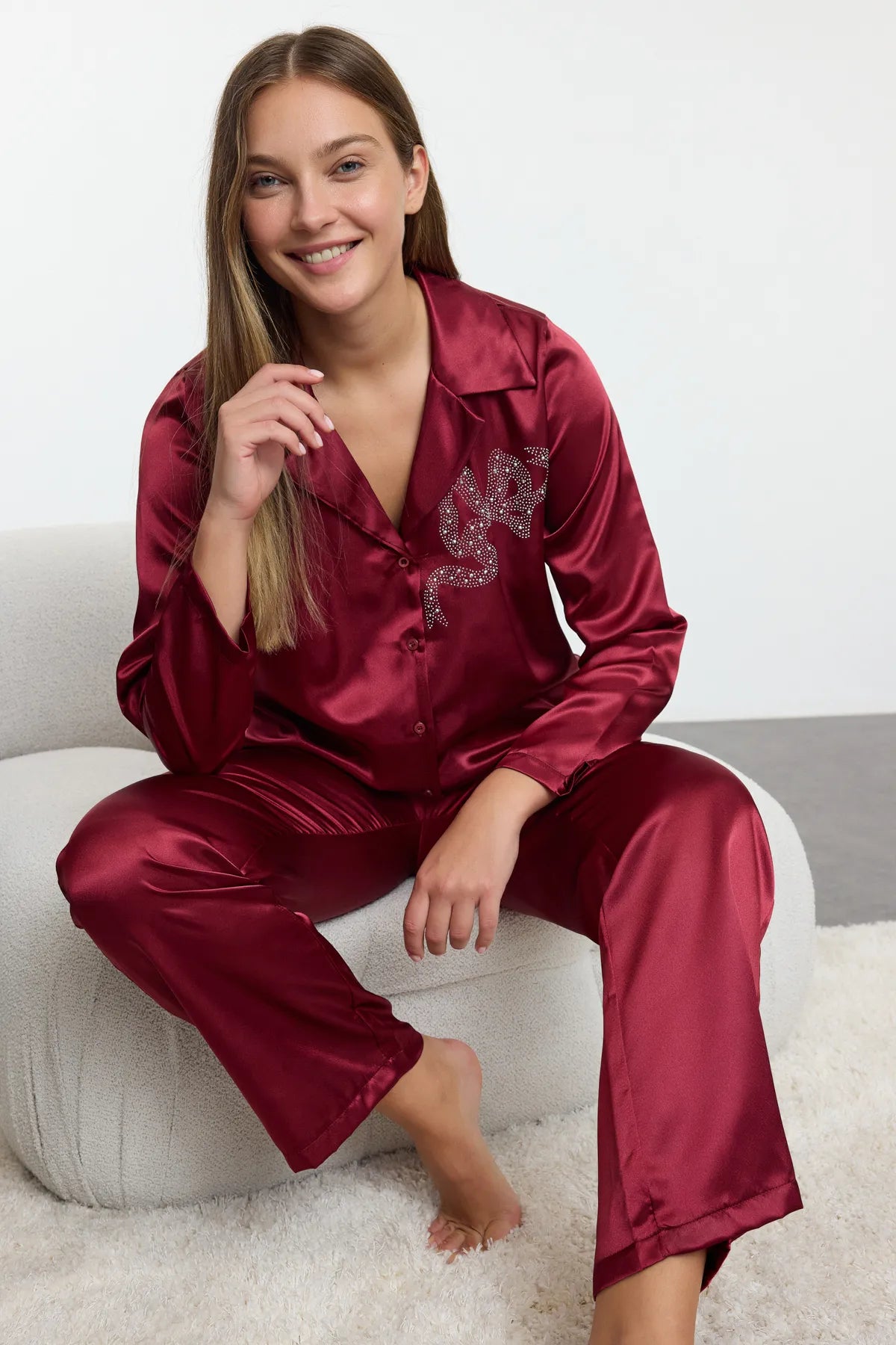 Burgundy Stone Ribbon/Bow Accessory Detailed Satin Woven Pajama Set - Lebbse