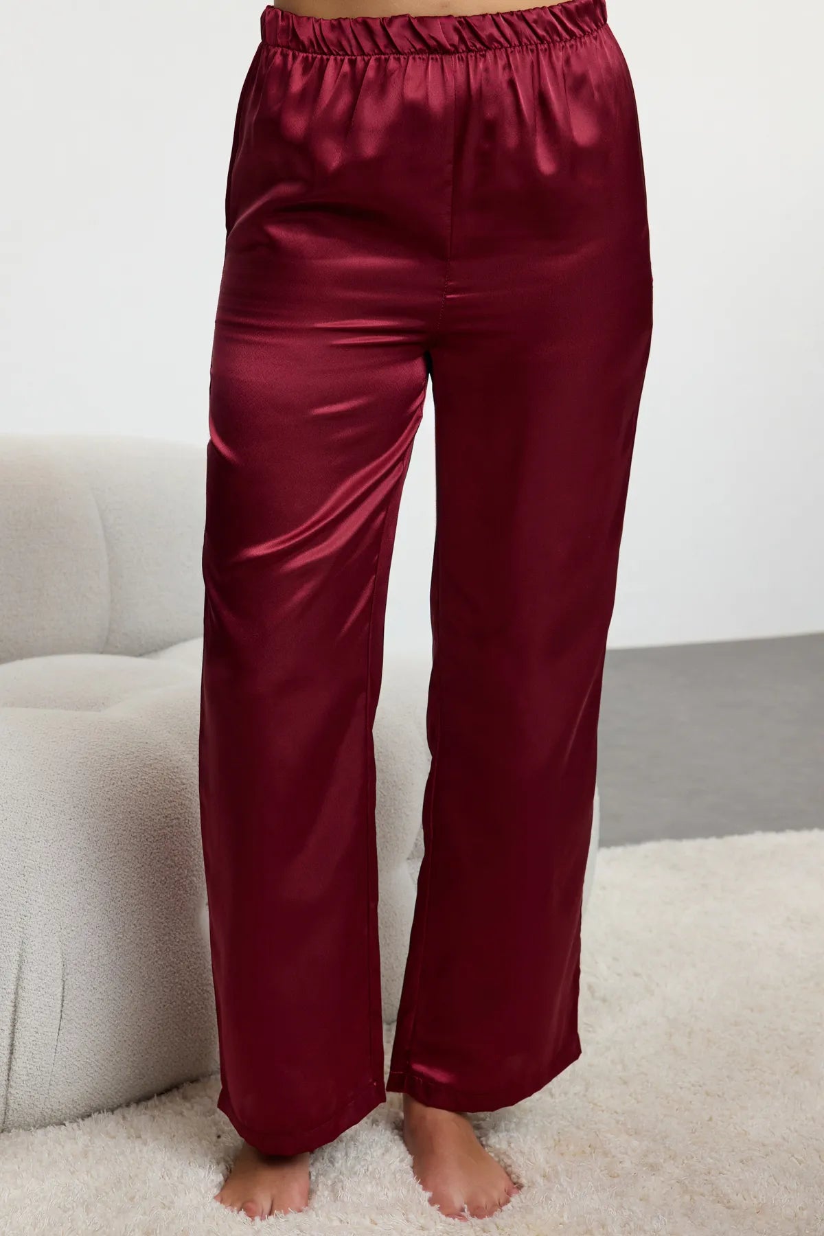 Burgundy Stone Ribbon/Bow Accessory Detailed Satin Woven Pajama Set - Lebbse