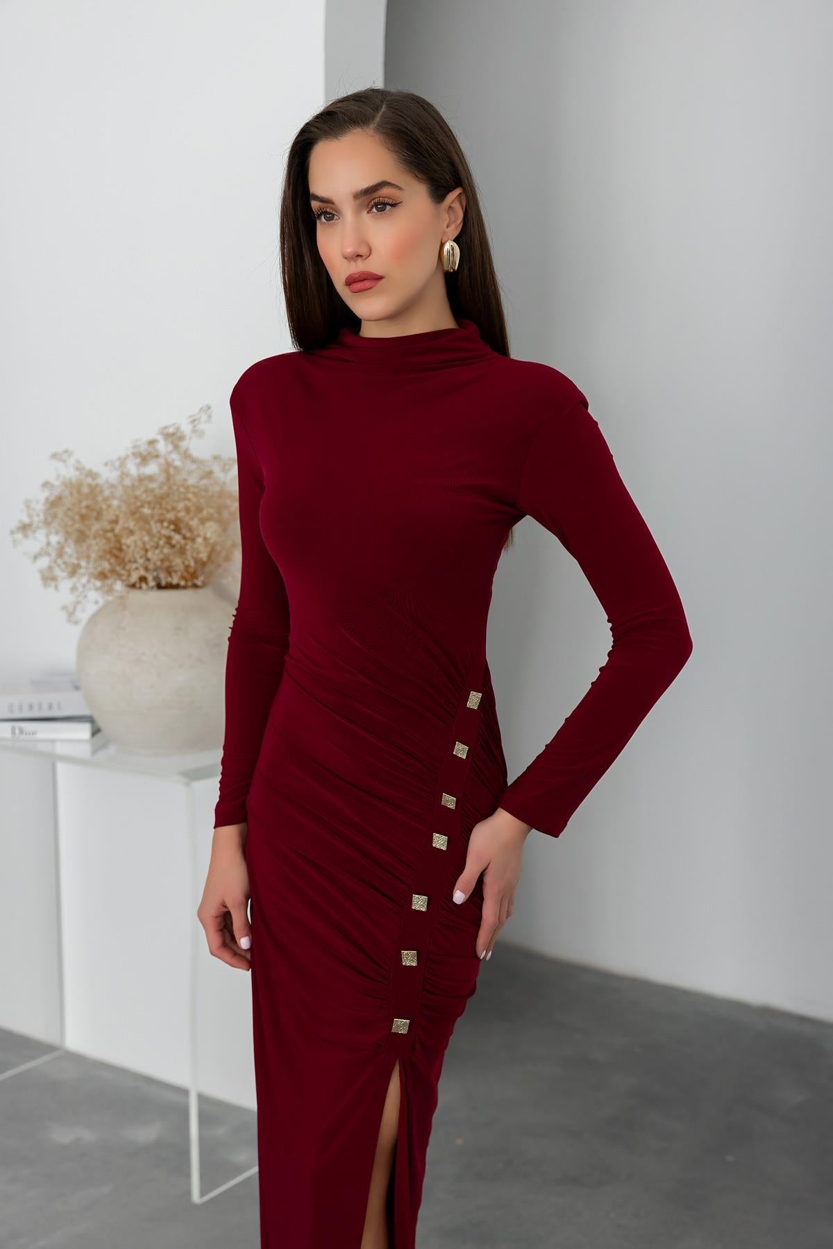 Button Detailed Sandy Dress - DARK RED - Lebbse