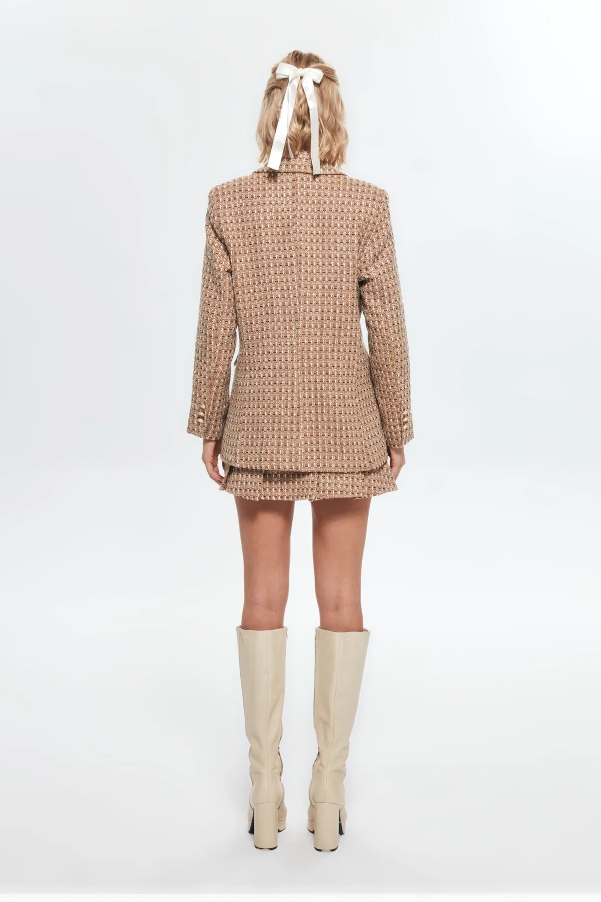 Button Detailed Tweed Blazer Jacket Brown - Lebbse