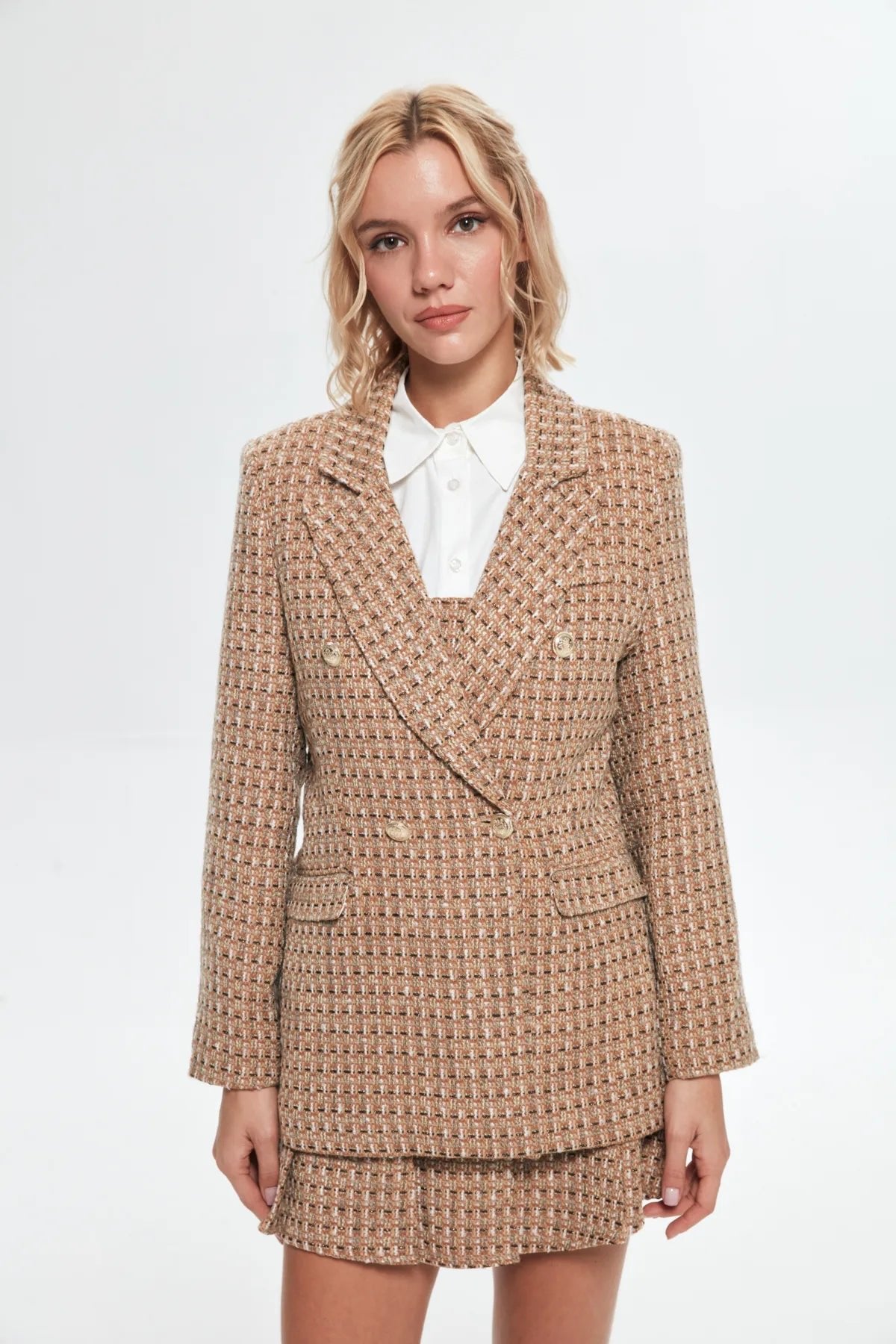 Button Detailed Tweed Blazer Jacket Brown - Lebbse