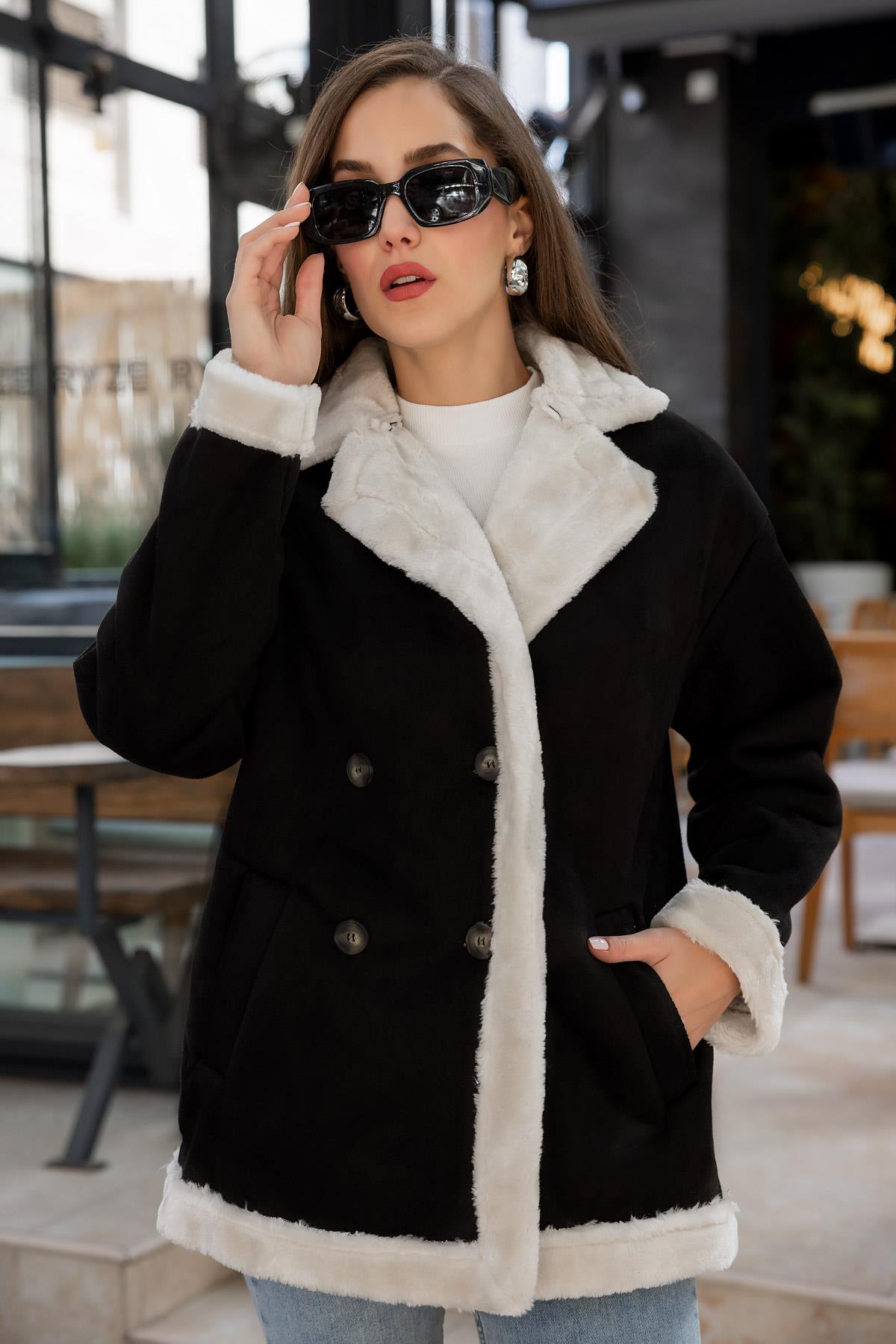 Buttoned Fur Lined Coat - BLACK - Lebbse