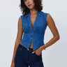 Buttoned Short Denim Blue Women's Vest - Lebbse