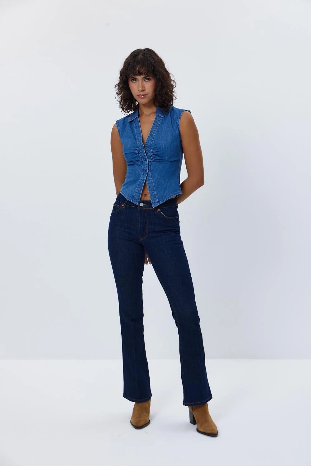 Buttoned Short Denim Blue Women's Vest - Lebbse