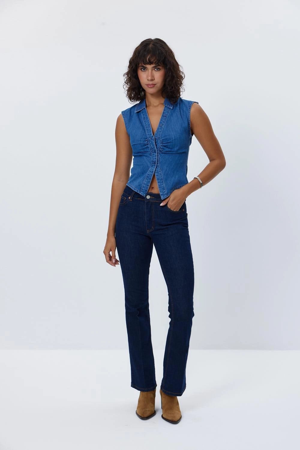 Buttoned Short Denim Blue Women's Vest - Lebbse