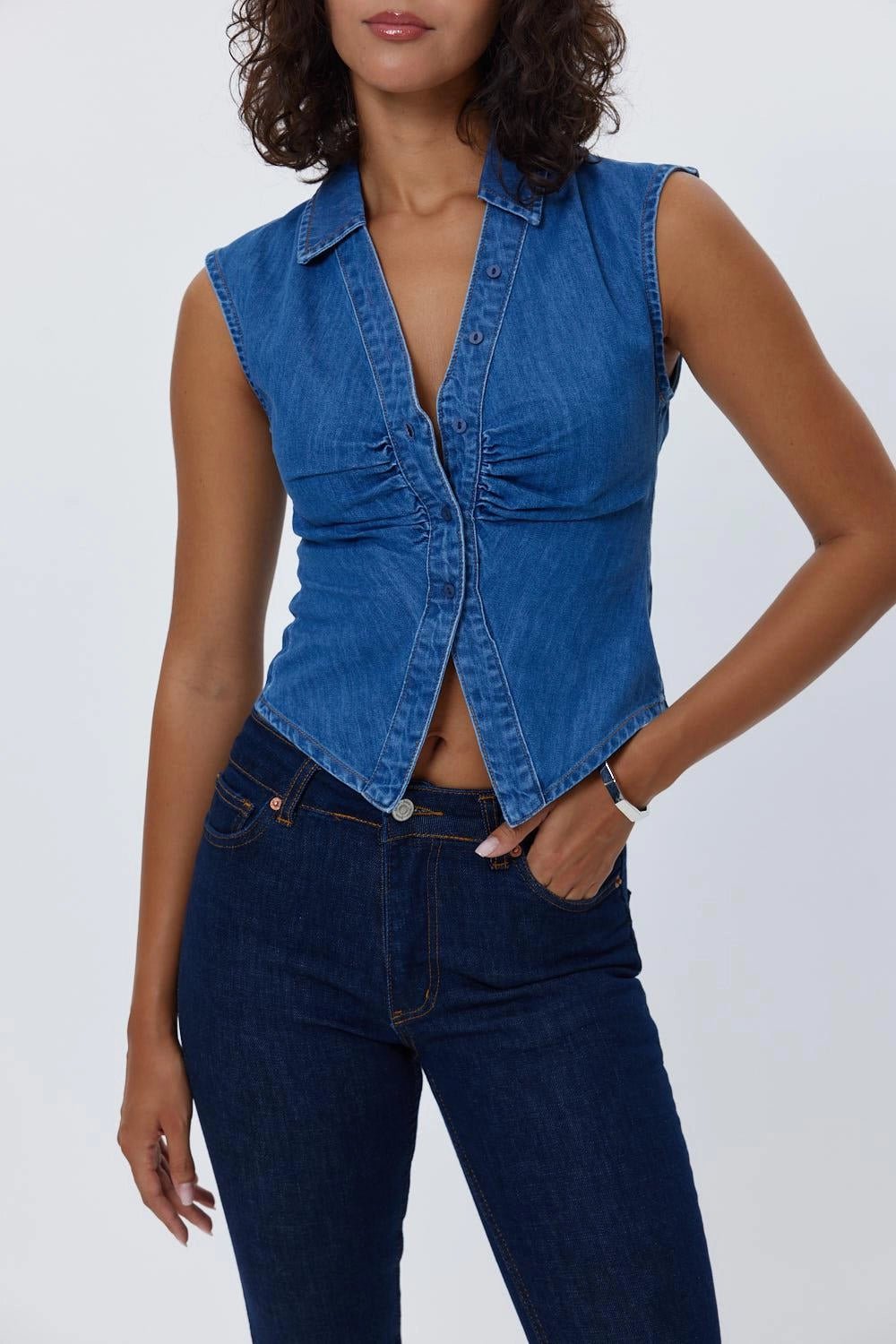 Buttoned Short Denim Blue Women's Vest - Lebbse