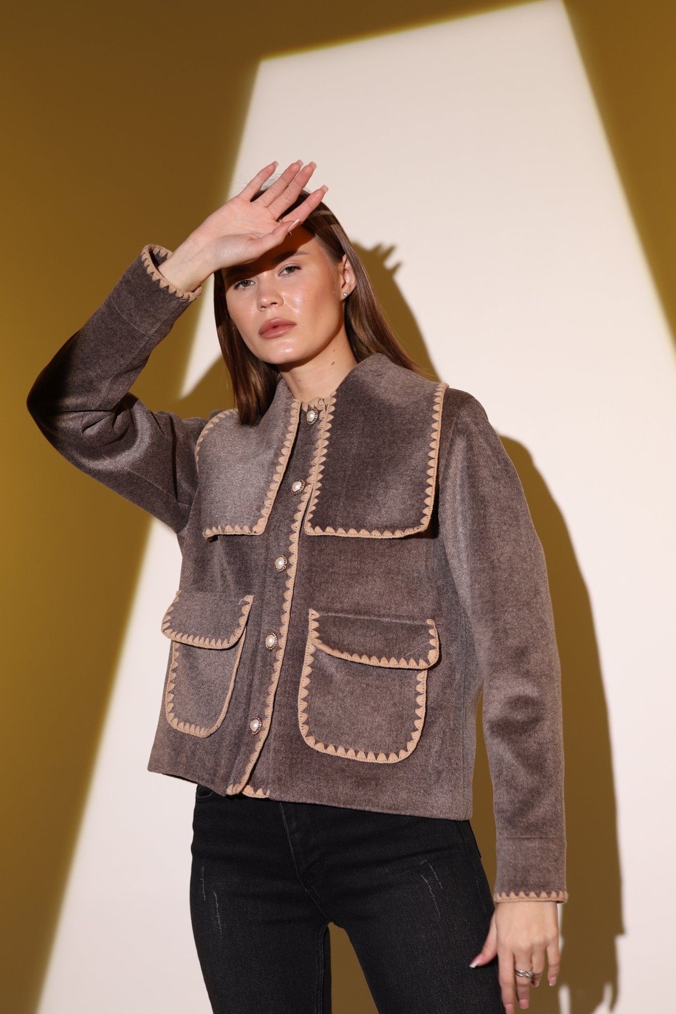 Cachet Jacket with Shepherd Stitch Detail, Collar, and Pocket Accents | CARDIGAN | Lebbse Cachet Jacket with Shepherd Stitch Detail, Collar, and Pocket Accents | CARDIGAN | Lebbse