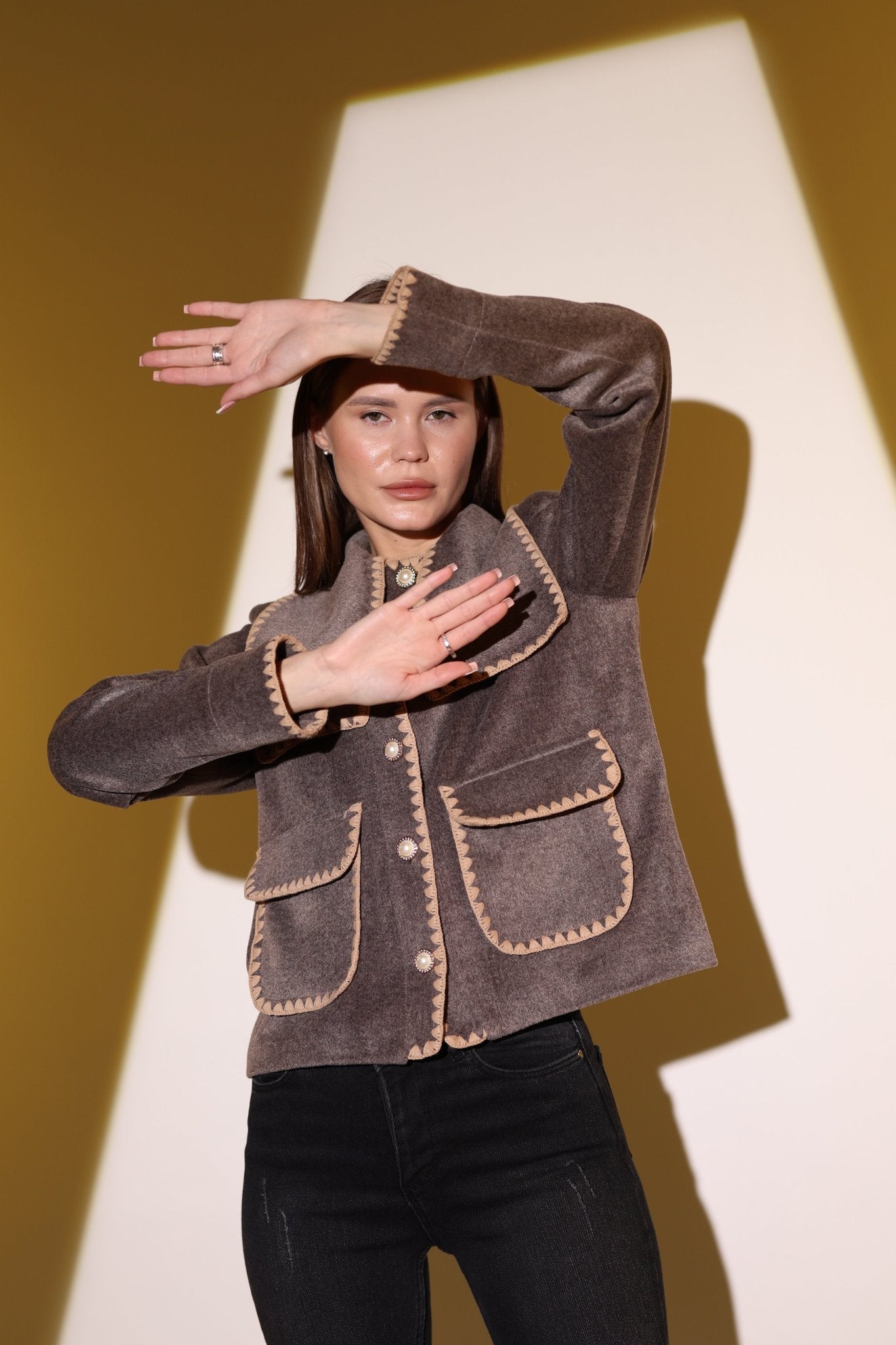 Cachet Jacket with Shepherd Stitch Detail, Collar, and Pocket Accents | CARDIGAN | Lebbse Cachet Jacket with Shepherd Stitch Detail, Collar, and Pocket Accents | CARDIGAN | Lebbse